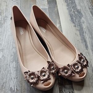 Melissa Flats Balerina Ultragirl Light Pink with Copper Flowers Womens 7
